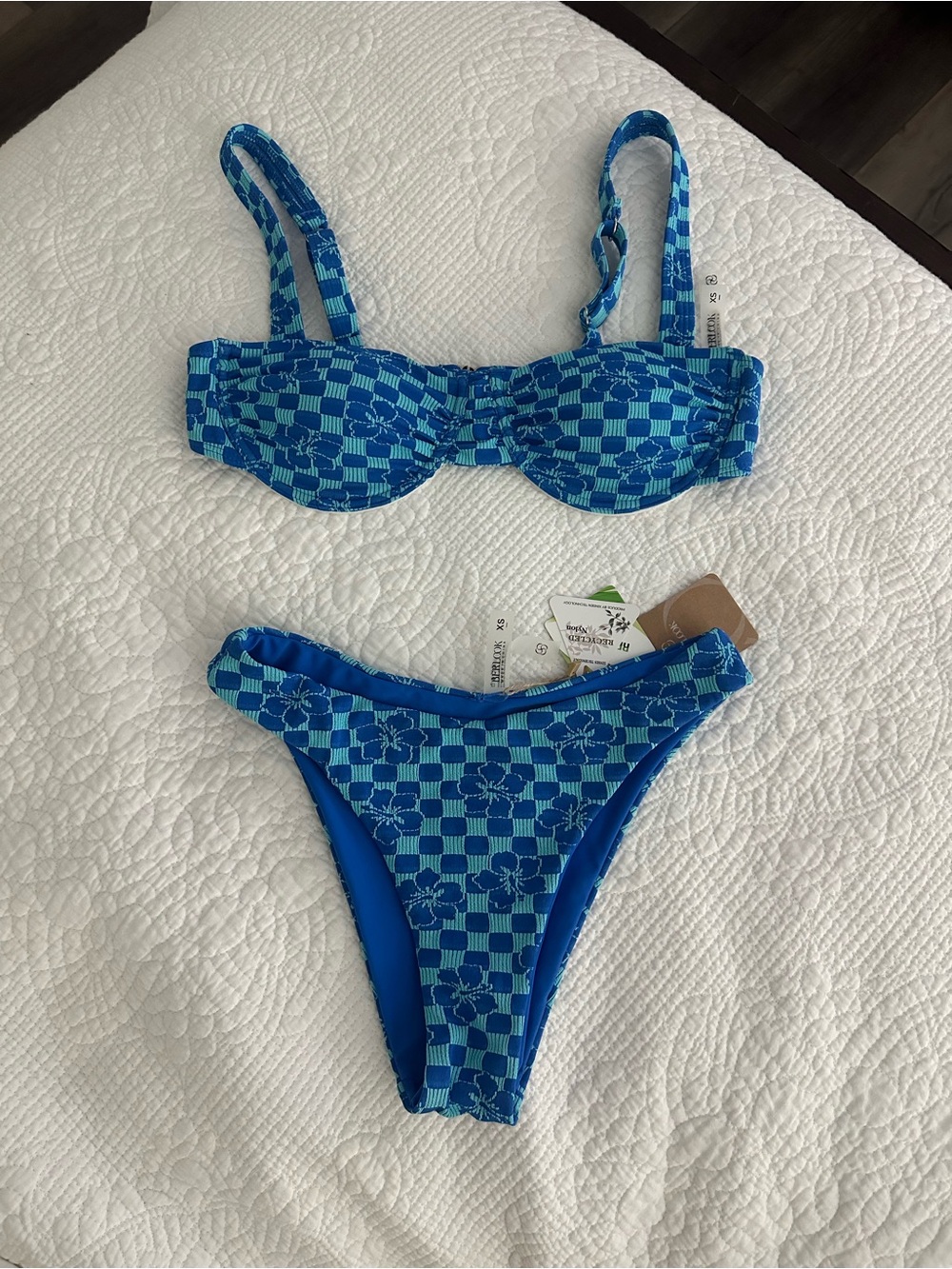 Blue Checkered Floral Bikini Set